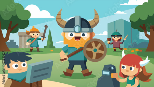 A virtual reality simulation allows the children to experience life as a Viking and participate in raids and battles.. Vector illustration