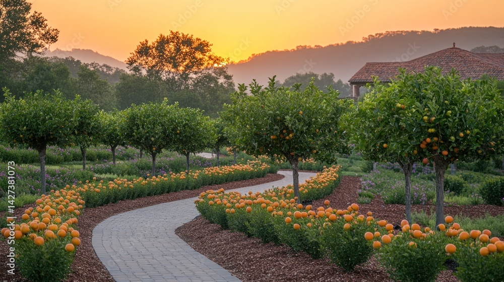 Obraz premium Serene Sunrise at the Citrus Grove: A Picturesque Pathway Winding Through a Lush Orange Orchard, Bathed in the Golden Light of Dawn