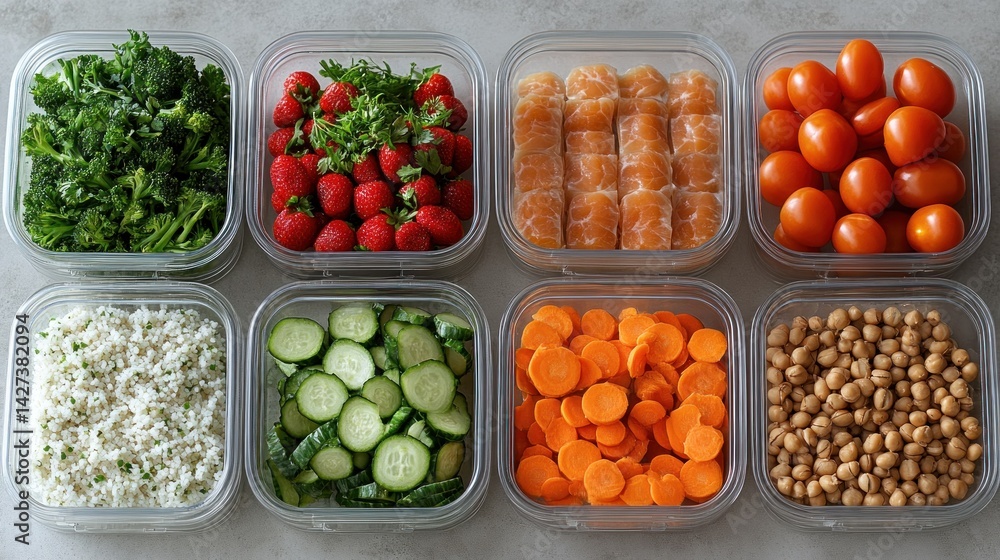 Meal Prep: Healthy Eating Containers with Fresh Vegetables, Fruits, and Grains Meal Prep: Healthy Eating Containers with Fresh Vegetables, Fruits, and Grains