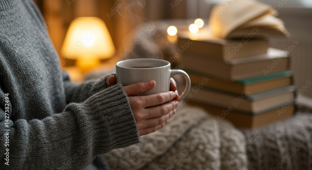 Cozy Moment: A person enjoys a moment of solitude, holding a steaming mug of a beverage, surrounded by books in a warm and inviting atmosphere. Cozy Moment: A person enjoys a moment of solitude, holding a steaming mug of a beverage, surrounded by books in a warm and inviting atmosphere.