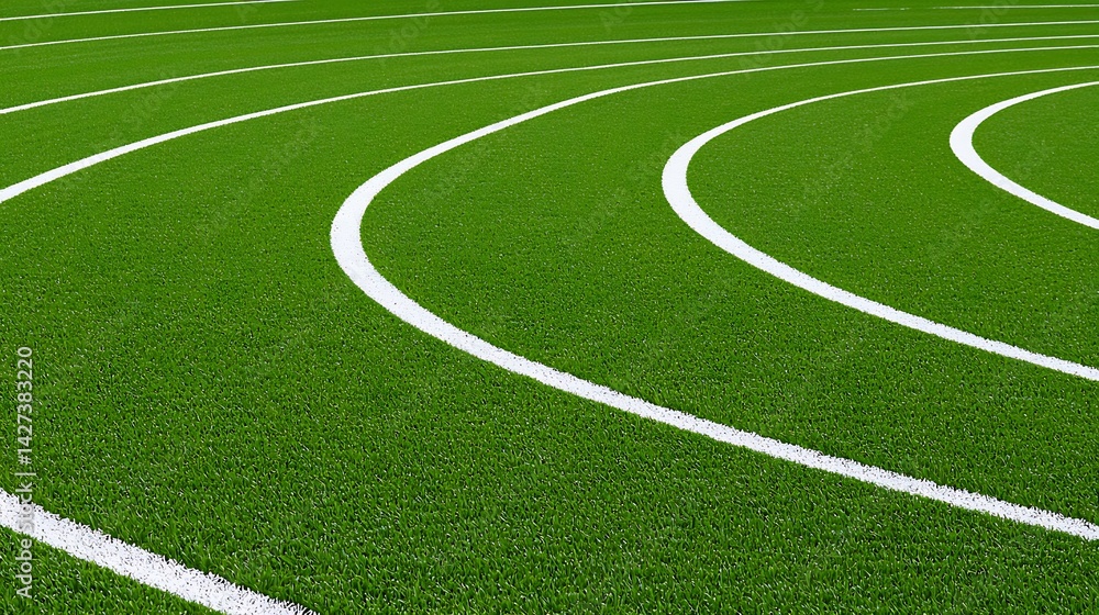 Obraz premium Green artificial turf with curved white running track lines