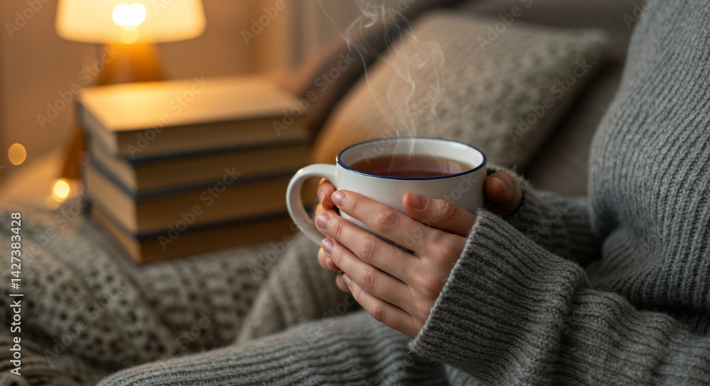 Cozy Evening with Warm Drink: A person relaxes on a sofa, hands wrapped around a steaming mug of tea, enjoying a cozy evening at home. Books and a warm lamp add to the tranquil ambiance. Cozy Evening with Warm Drink: A person relaxes on a sofa, hands wrapped around a steaming mug of tea, enjoying a cozy evening at home. Books and a warm lamp add to the tranquil ambiance.