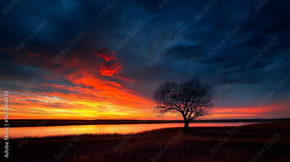Fototapeta premium Fiery Sunset Over A River With Silhouette Tree