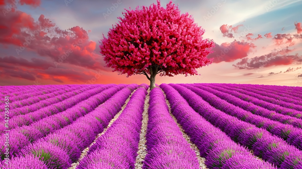 Obraz premium Vibrant pink tree amidst rows of lavender under a dramatic sunset sky