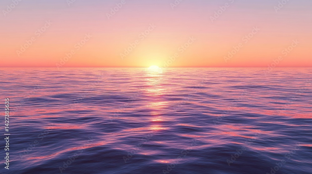 Obraz premium Pink ocean sunset, calm waves, tranquil scene, idyllic travel