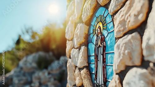Sunlit stained-glass depiction of a religious figure set into a stone wall
