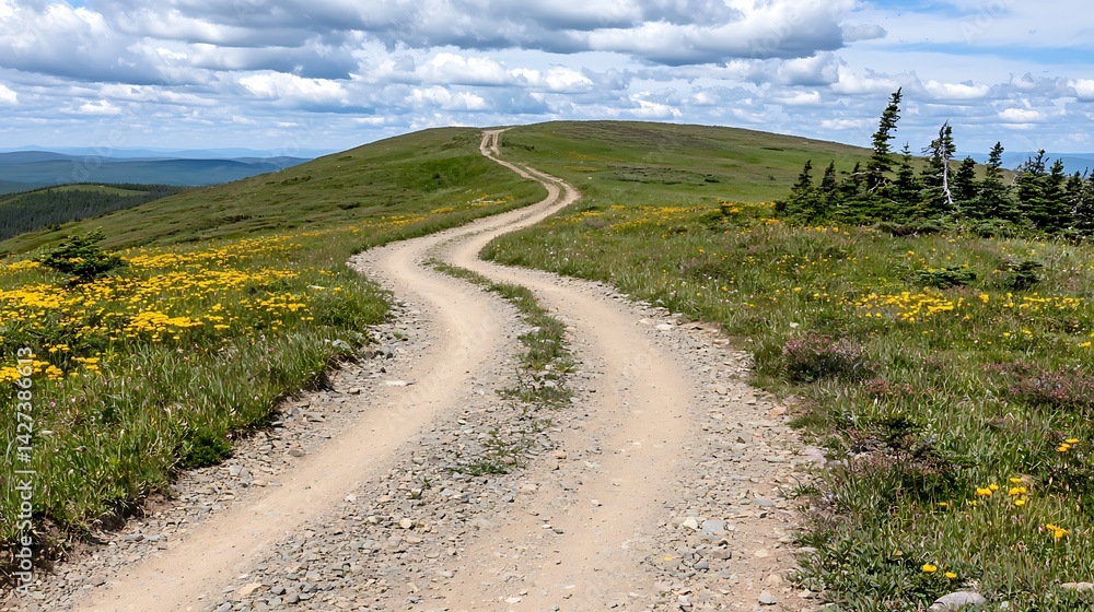 Fototapeta premium Winding dirt road ascends a grassy hill, wildflowers blooming on either side, under a partly cloudy sky