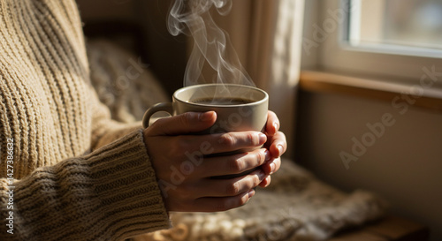 Morning Brew: A moment of quiet contemplation with a steaming mug of coffee, the aromatic steam rising gently in the soft morning light, conveying a sense of peace and coziness.