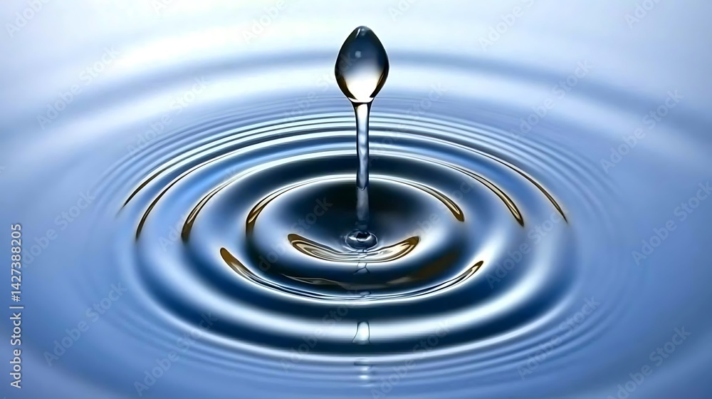 A single water droplet falls, creating concentric ripples on a calm water surface A single water droplet falls, creating concentric ripples on a calm water surface