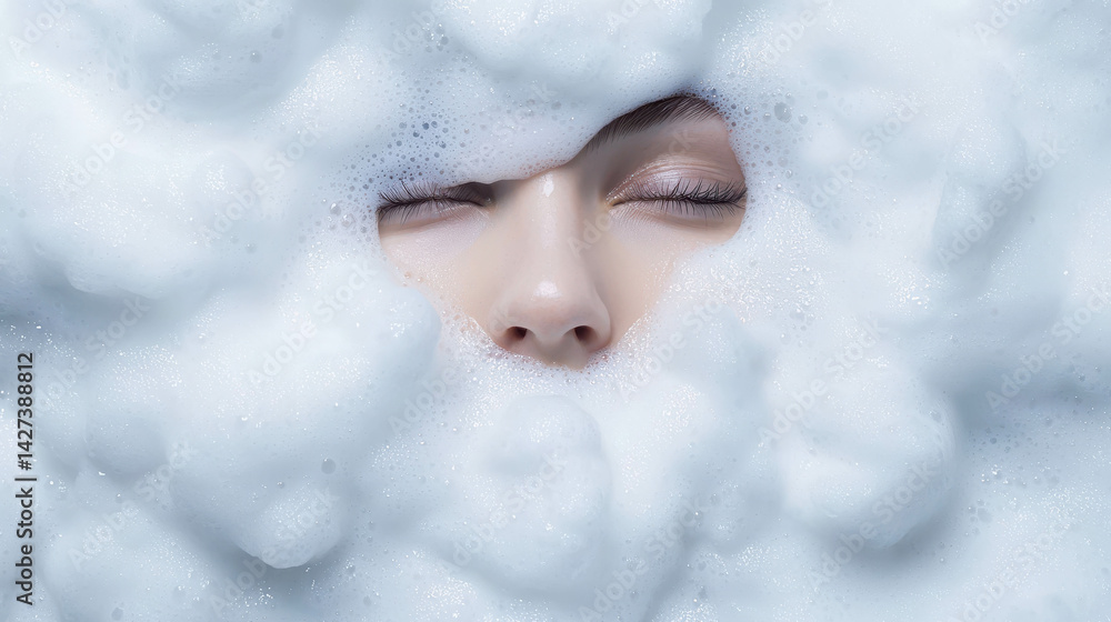 Woman's Face Surrounded by Soft Bubbles in a Relaxing Bath Environment at Home Woman's Face Surrounded by Soft Bubbles in a Relaxing Bath Environment at Home