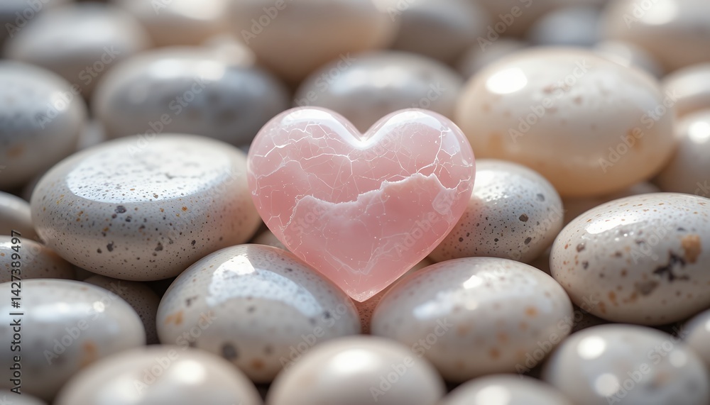 Fototapeta premium Rose Quartz Heart Among Smooth Decorative Stones a Symbol of Love and Wellness