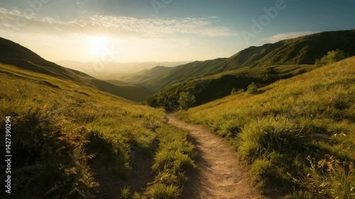 Wallpaper Mural Backlit wide-angle shot of a valley trail under a glowing sky, shadows stretching long across the path, atmospheric haze and vibrant ground textures Torontodigital.ca