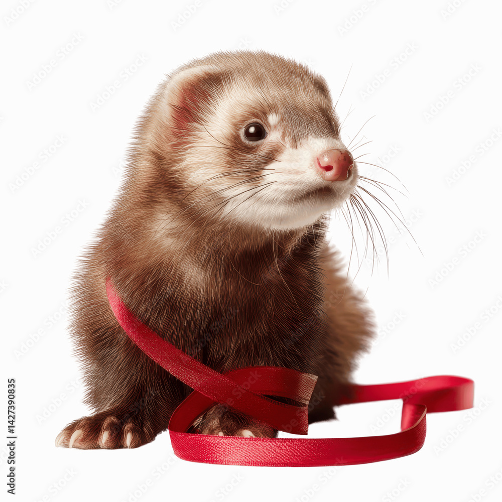 Fototapeta premium Adorable Ferret with Red Ribbon, Studio Shot
