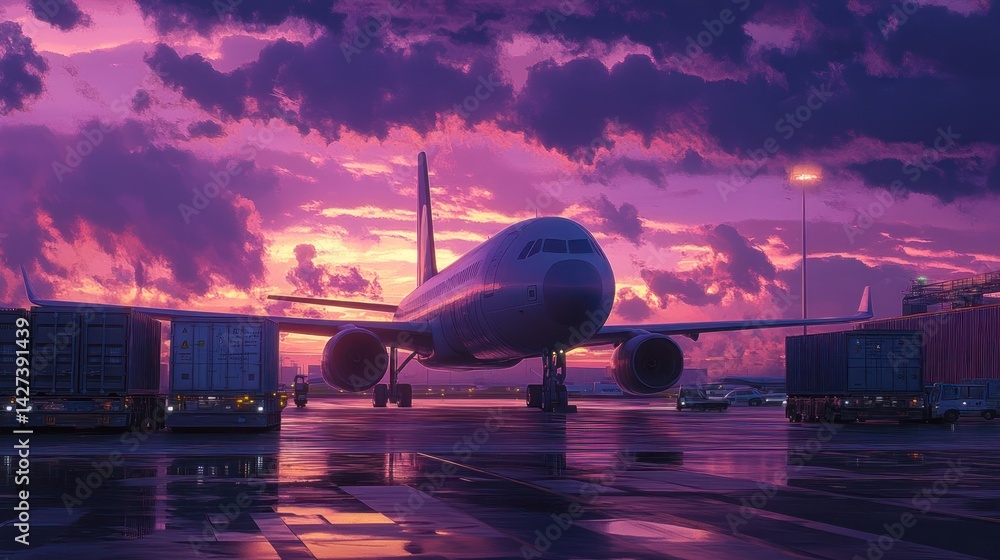 Airport Serenity: Aircraft Awaiting Departure Amidst a Vibrant Sunset Scenery Airport Serenity: Aircraft Awaiting Departure Amidst a Vibrant Sunset Scenery