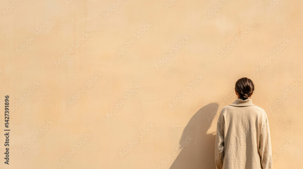 Naklejka premium Person Leaning Against a Beige Wall in Natural Light with Minimalistic Aesthetic Appeal