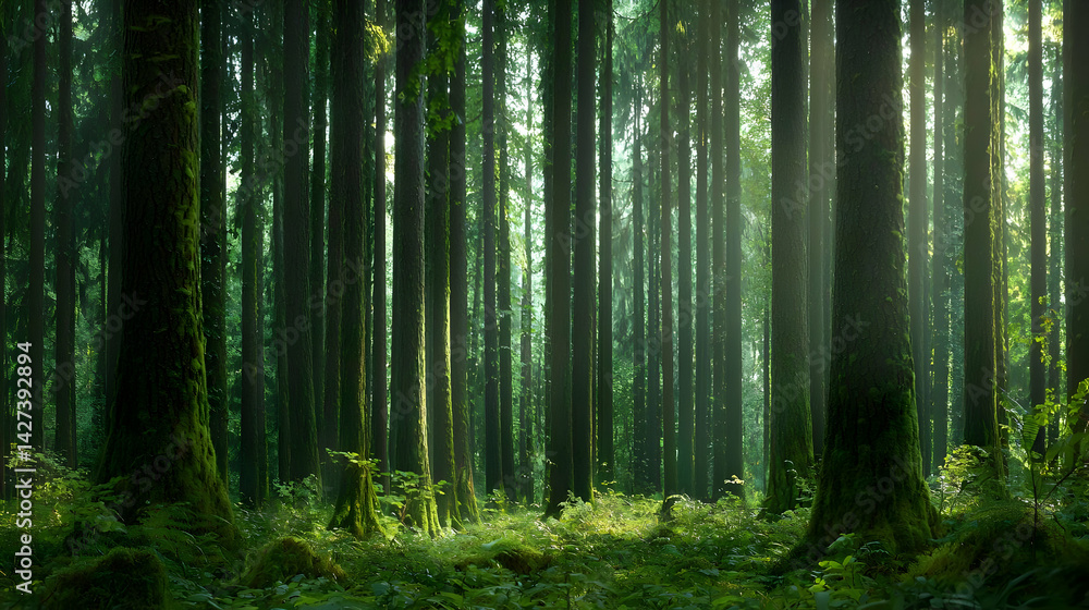 Fototapeta premium Mystical Forest Sunlight Panorama