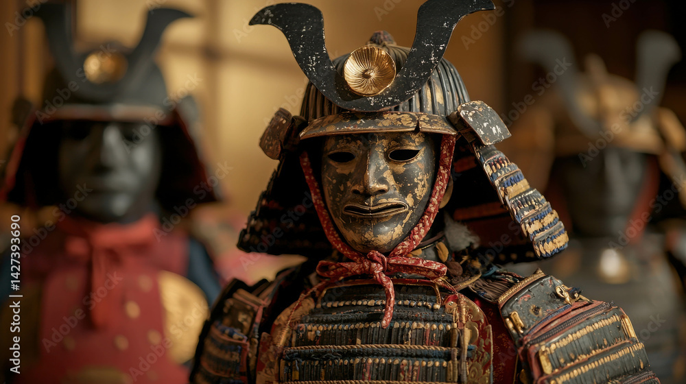 Fototapeta premium Historical Japanese Samurai Armor Display with Unique Helmet and Facial Mask in Museum Setting