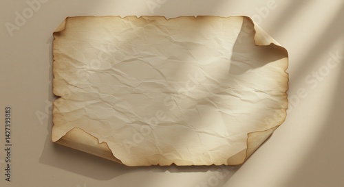 Crumpled ancient scroll paper with burnt edges and curled corner