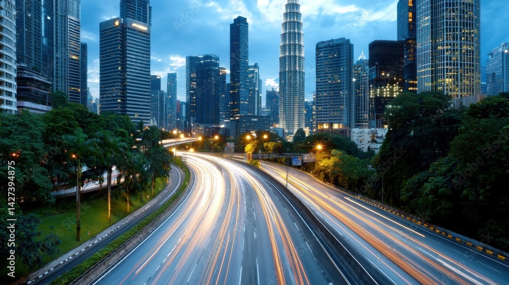 Breathtaking aerial view of a vibrant fast paced city at night with blurred trails of traffic illuminating the towering skyscrapers and modern architecture of the bustling downtown financial district Breathtaking aerial view of a vibrant fast paced city at night with blurred trails of traffic illuminating the towering skyscrapers and modern architecture of the bustling downtown financial district