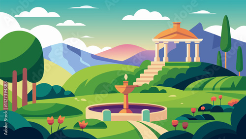Situated on a hilltop the garden offers a breathtaking view of the surrounding landscape reminding the Stoics of the transience of life.. Vector illustration