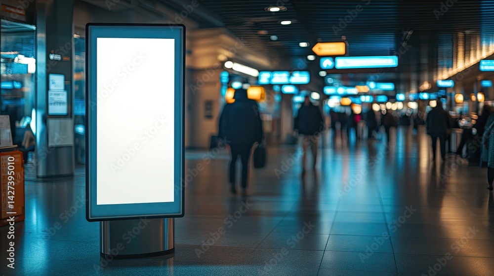 Digital kiosk in busy airport terminal with blank screen ready for customer interaction and ads. Digital kiosk in busy airport terminal with blank screen ready for customer interaction and ads.