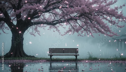 Rain Falling on Cherry Blossoms with Empty Bench Slow Motion. Seamless looping overlay 4k virtual video animation background
