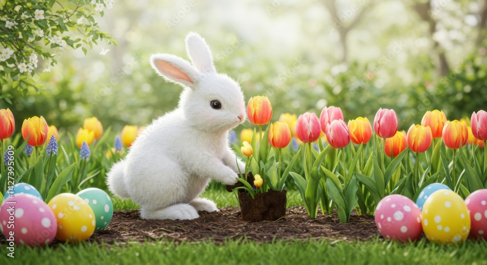 Fototapeta premium Bunny Planting Tulips and Flowers with Easter Eggs