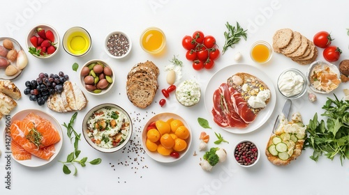 Wallpaper Mural Many different healthy food on white table, flat lay Torontodigital.ca