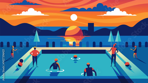 As the sun sets the pool lights up as teams continue to compete in the highly anticipated water basketball tournament.. Vector illustration