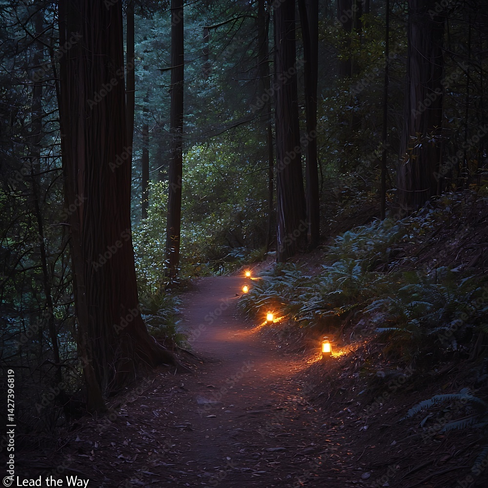 Obraz premium A path in a forest with lit candles on it