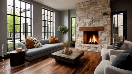 Wallpaper Mural Modern living room with fireplace Torontodigital.ca