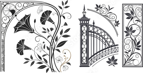 Vector set of art deco flourish leaves ornaments with arch