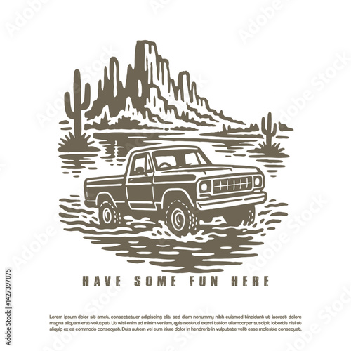 Hand drawn offroad truck crossing the river vector isolated on white background