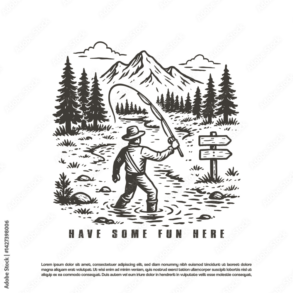 Fototapeta premium Fishing in the wild river retro vector badge illustration