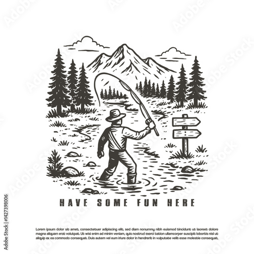 Fishing in the wild river retro vector badge illustration
