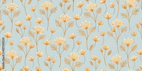 Elegant Repeating Pattern of Delicate Yellow Flowers on a Soft Blue Background