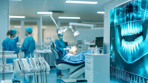Dental surgery procedure modern dental clinic medical imaging clean environment professional view health and technology