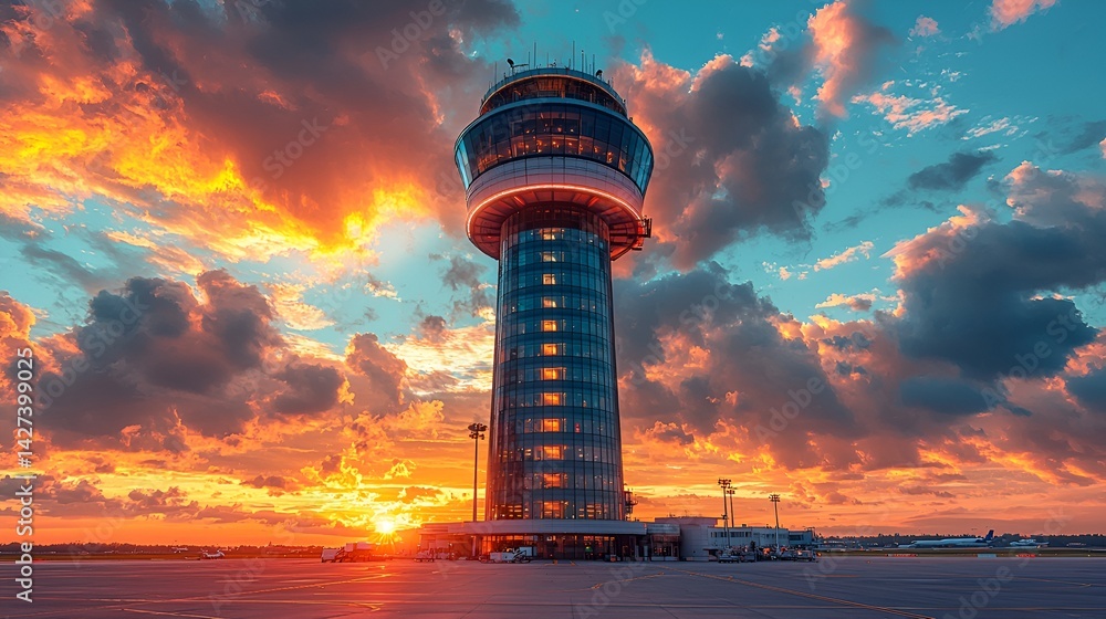 Obraz premium Air traffic control tower at sunset.