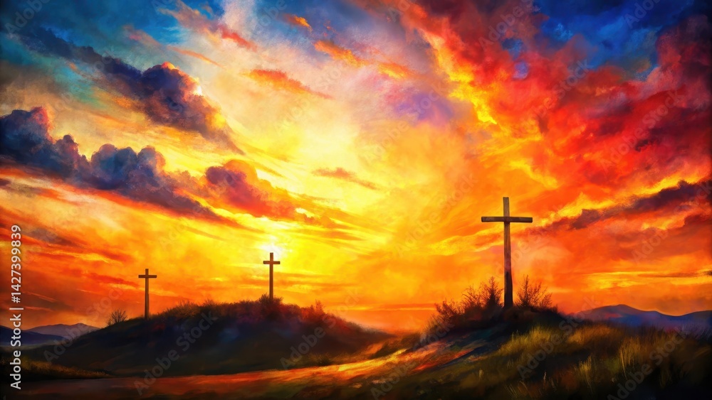 Sunset Crosses on a Hilltop A Vibrant Artistic Depiction of Faith and Hope Sunset Crosses on a Hilltop A Vibrant Artistic Depiction of Faith and Hope