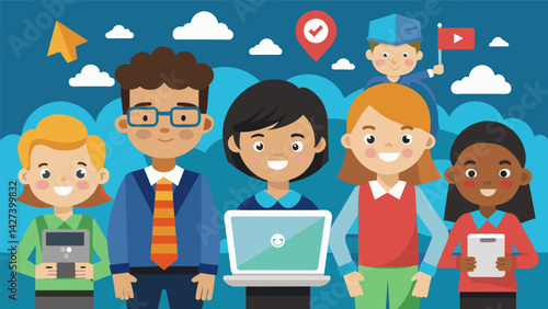 A group of elementary and middle schoolers launching a campaign to educate their community on the dangers of online predators.. Vector illustration