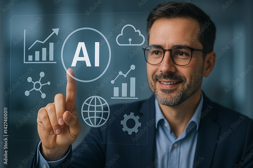 Business professional in a dark suit interacting with a holographic interface displaying AI icons like a robot, processor, and bar charts. Business professional in a dark suit interacting with a holographic interface displaying AI icons like a robot, processor, and bar charts.