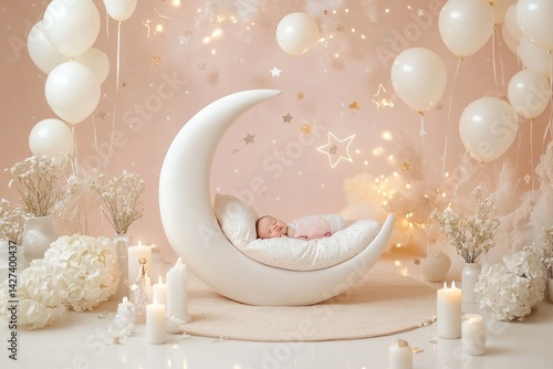 A newborn baby sleeping peacefully inside a crescent moon