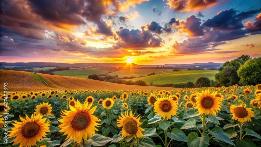 Fototapeta premium Golden Hour Sunbeams Illuminate a Vast Sunflower Field Rolling Across a Verdant Landscape at Sunset