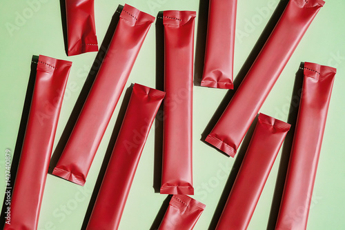 Red Stick Pack Sachet Packaging on Light Green Background. Product Presentation Mock Up.