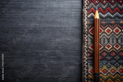 A Dark Wooden Graphite Pencil Resting on a Textured Fabric with Geometric Patterns