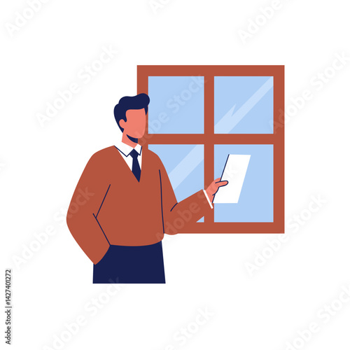 Manager near window holding a document in a thoughtful pose  