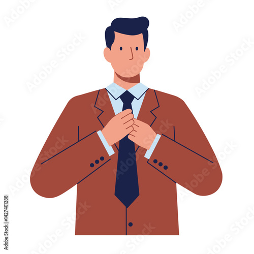 Manager adjusting tie, preparing for professional meeting, isolated background  