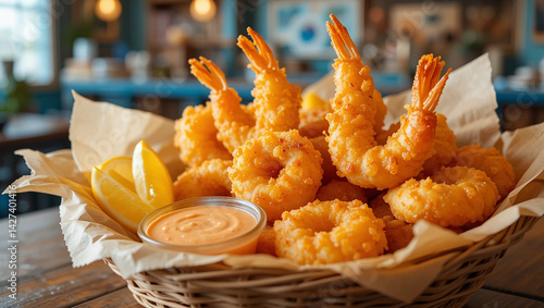 Basket of Fried Shrimp with Lemon Wedges and Dipping Sauce in Casual Restaurant Setting - Perfect for Food Advertising