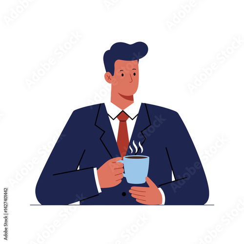 Entrepreneur drinking coffee, smiling, in a professional setting  