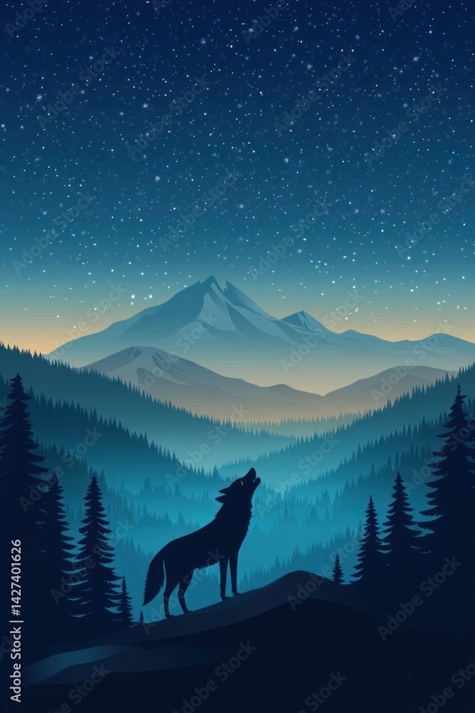 A silhouette of a wolf howling at the starry night sky A silhouette of a wolf howling at the starry night sky
